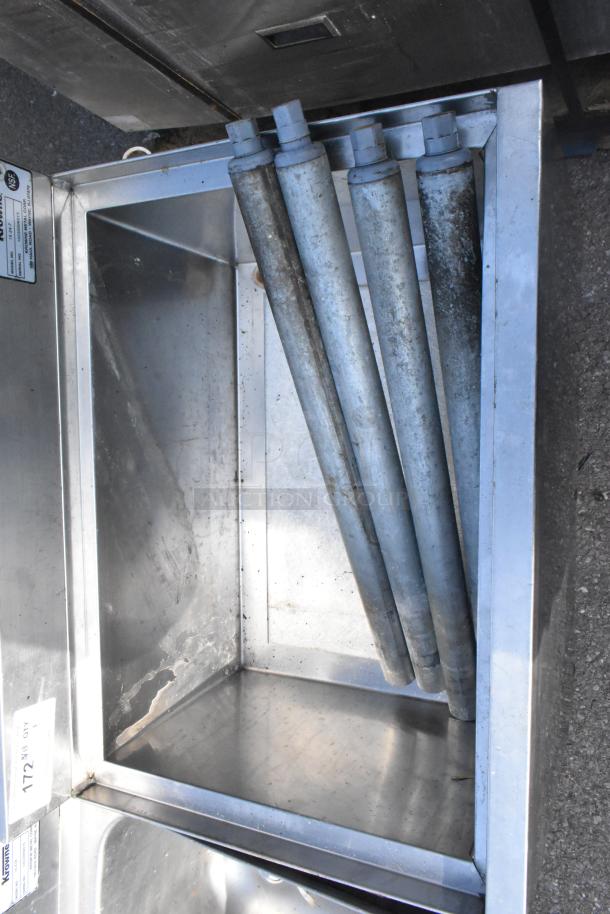 Krowne 18-24-7 Ice Bin, stainless steel, includes dividers, visible labels indicating model and serial number, fair condition.