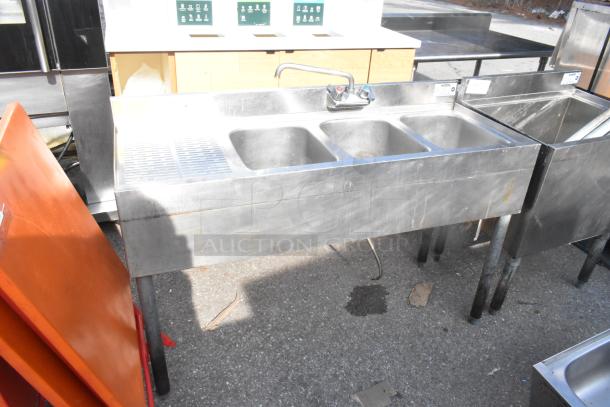 Krowne 18-43R Commercial 3 Bay Back Bar Sink with left drain board, faucet, handles, in fair condition.