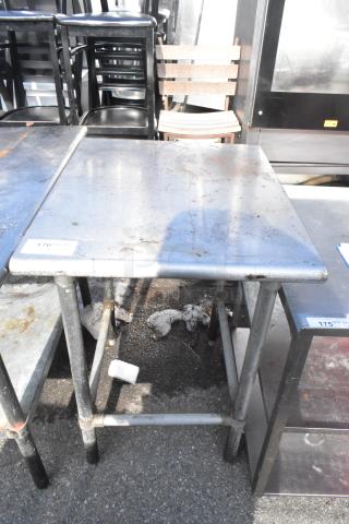 Commercial metal table with a silver finish, showing signs of wear and rust. Labeled "176 Sub QTY."