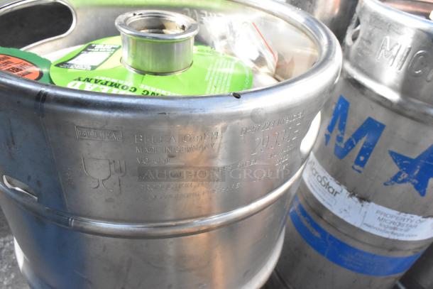 Twelve stainless steel kegs including BLEFA GmbH, marked with volume, production year, condition good.