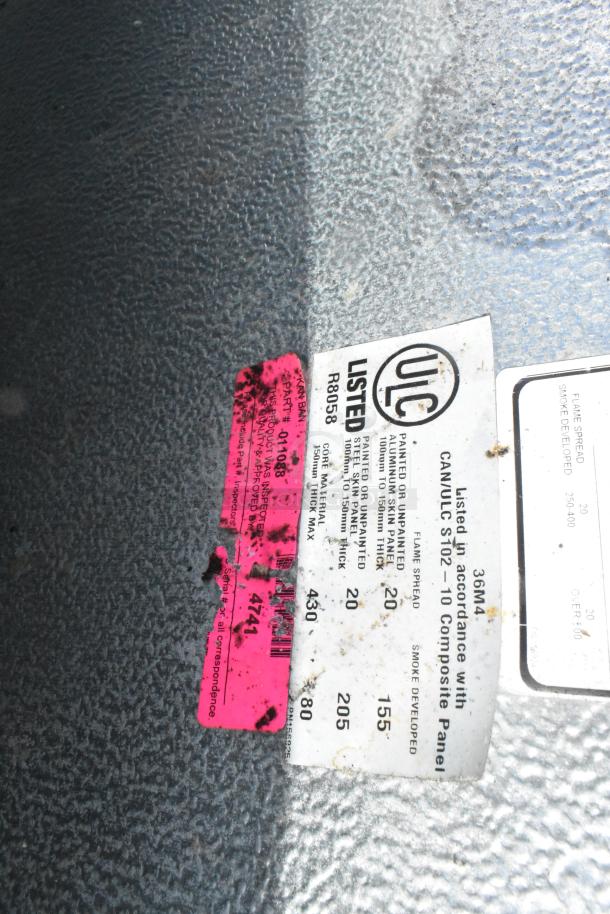 Walk In Box with ULC label indicating CAN/ULC S102-10 compliance, showing panel and flame spread details.