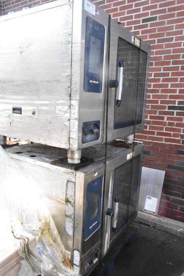 Two Alto Shaam CTP7-20E stainless steel combi convection ovens, 2015/2017 models, commercial electric, 208-240V, 3-phase.