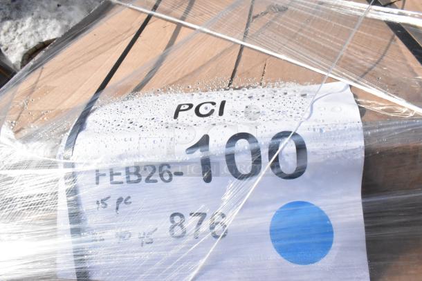 10 brand new scratch and dent items wrapped in plastic, label reads "PCI FEB26-100," includes tabletops.