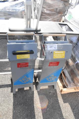 Two commercial Fat Vat oil shuttles, featuring wheels and warning labels, in used condition. Includes bid doubling offer.