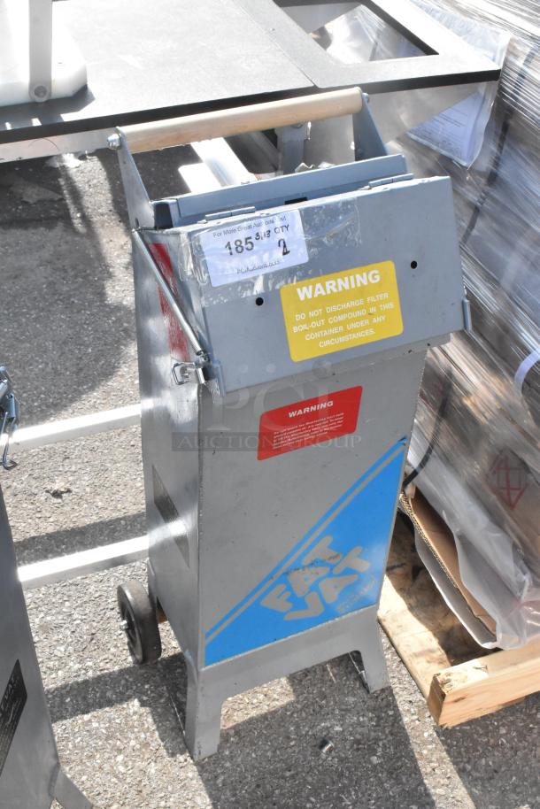 2 Commercial Fat Vat Oil Shuttles, metal body, mobile with wheels, good condition, warning labels visible.