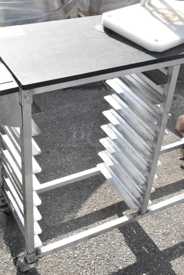 Commercial double pan rack with multiple slots, sturdy metal frame, and commercial-grade casters for easy mobility.