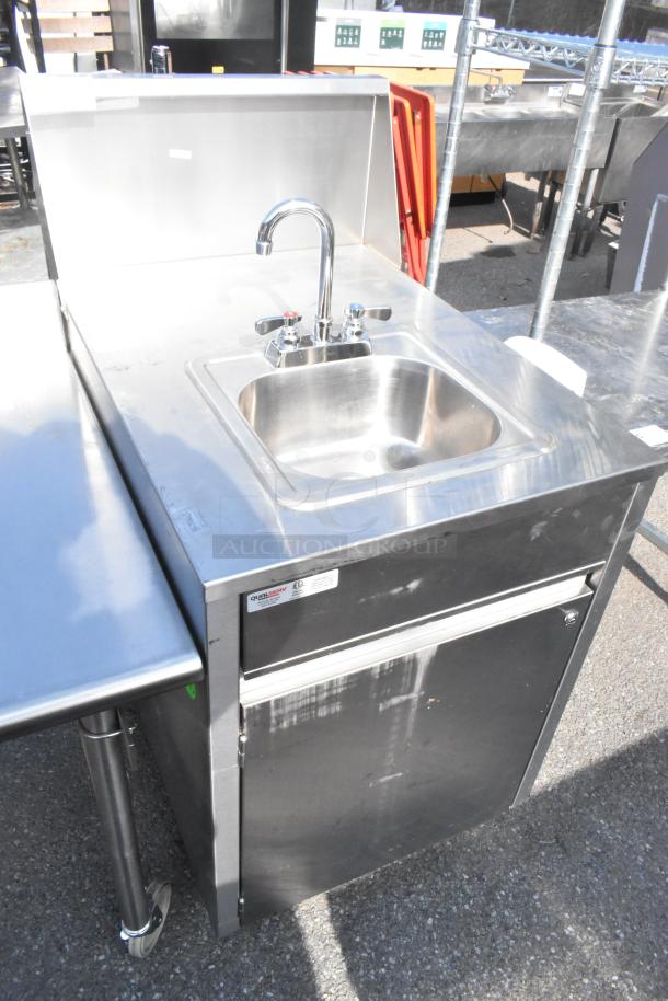 QualServ WMSC24MS portable sink, stainless steel, single bay, on commercial casters, 120V, 1 phase, visible label.