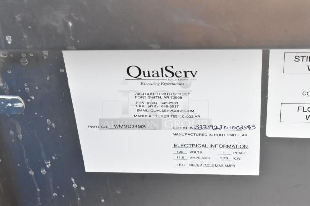 QualServ WMSC24MS Single Bay Portable Sink, commercial casters, 120V, 1 phase. Manufacturer label shows electrical specs.