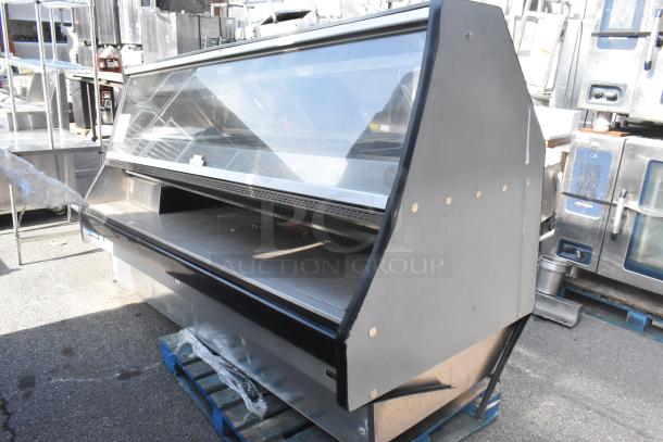 Custom Deli's DILN8CRSS heated display case, commercial floor style, 120/208V, 1 phase, large glass front, good condition.