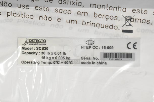 Detecto SCS30 Digital Solar Hanging Scale, 30lb/15kg capacity, CE marked, made in China, includes serial number.