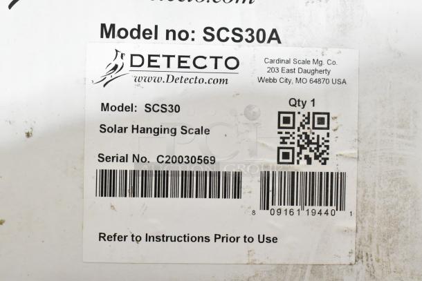 Detecto SCS30 Digital Solar Hanging Scale label, model SCS30, serial C20030569, by Cardinal Scale Mfg. Co.