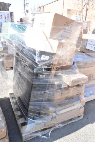 Pallet of 18 assorted brand new scratch and dent items, including Lavex trash cans and boxed sinks, shrink-wrapped for auction.