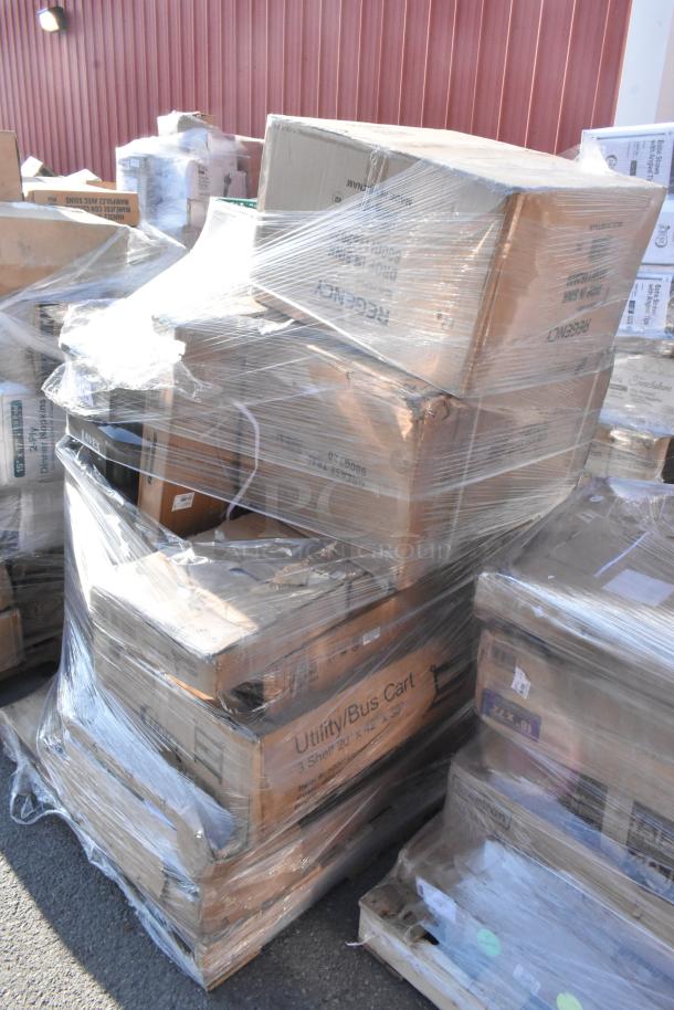 Pallet with 18 brand new scratch and dent items, including trash can and sink, wrapped in plastic, visible labels showing contents.