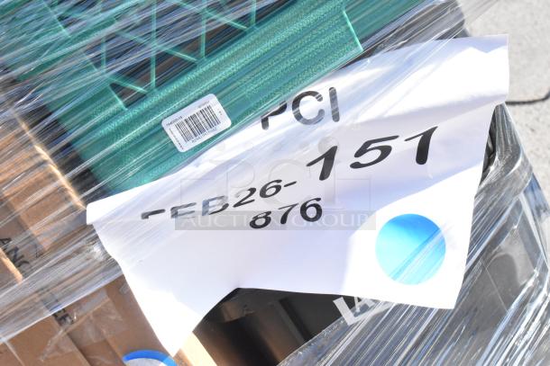 18 brand new scratch and dent items wrapped on a pallet. Label reads "FEB26-151 876." Includes trash can, sink.