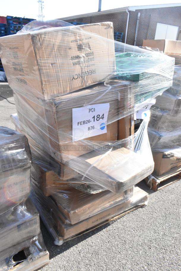 Pallet of 18 new scratch-and-dent items, including trash can and sink, shrink-wrapped. Label: PCI FEB26-184.