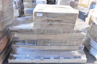 6 brand new scratch and dent items including Regency sink and shelf kit, wrapped on a pallet. Visible box markings: "Regency Sink Drop-In 28x20x12."