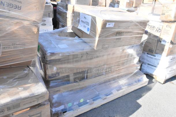 Brand new scratch and dent items including a sink and shelf kit, wrapped on a pallet. Label reads "FEB26-123."