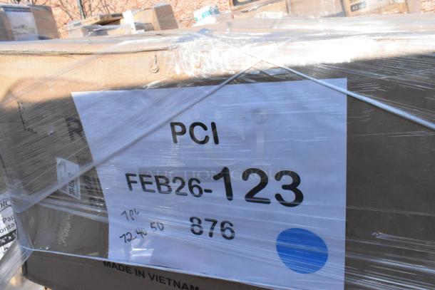 6 brand new scratch and dent items, including a shelf kit and sink, wrapped on pallet. Label: PCI FEB26-123, Made in Vietnam.