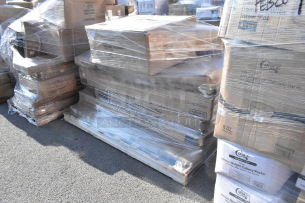 Pallet of boxed items, including shelf kit and sink, wrapped in plastic. Labels indicate utility and storage items. Condition: new scratch and dent.