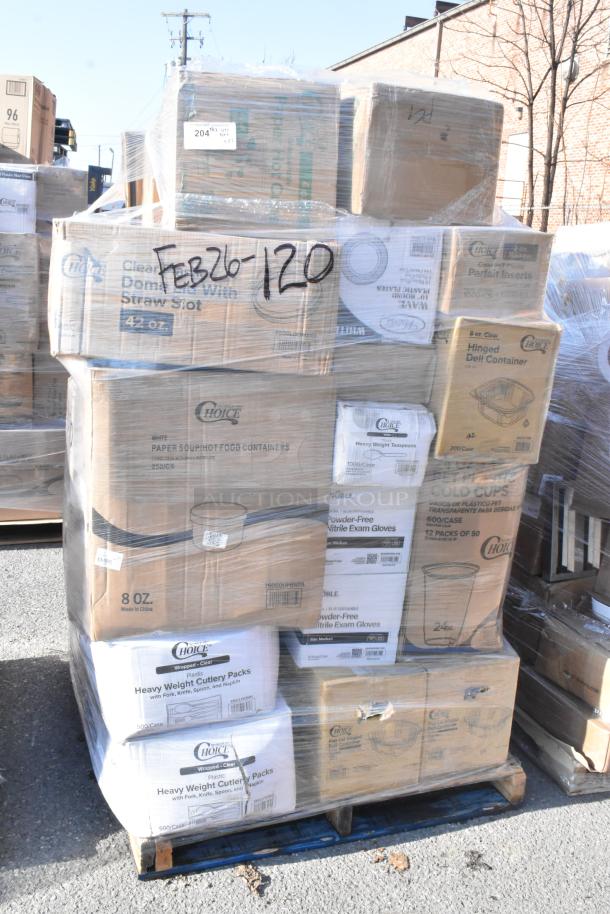 Pallet with 37 brand new, scratch and dent items including Choice deli containers, teaspoons, lids, and trash bags, wrapped in plastic.