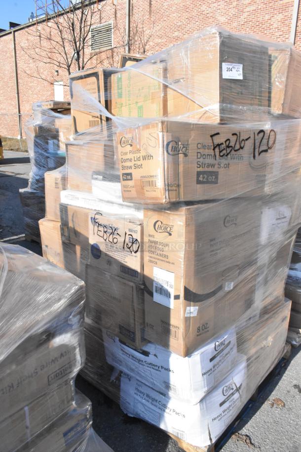 Pallet of 37 brand new scratch and dent items, including deli containers, teaspoons, lids, and trash bags in sealed boxes labeled FEB26-120.
