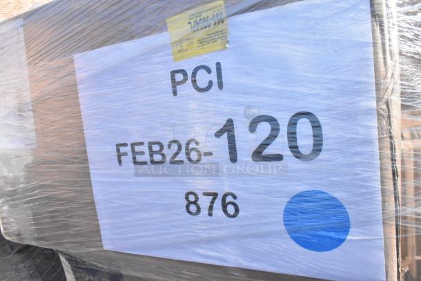Pallet with 37 new scratch and dent items, label marked "PCI FEB26-120 876," wrapped in plastic.
