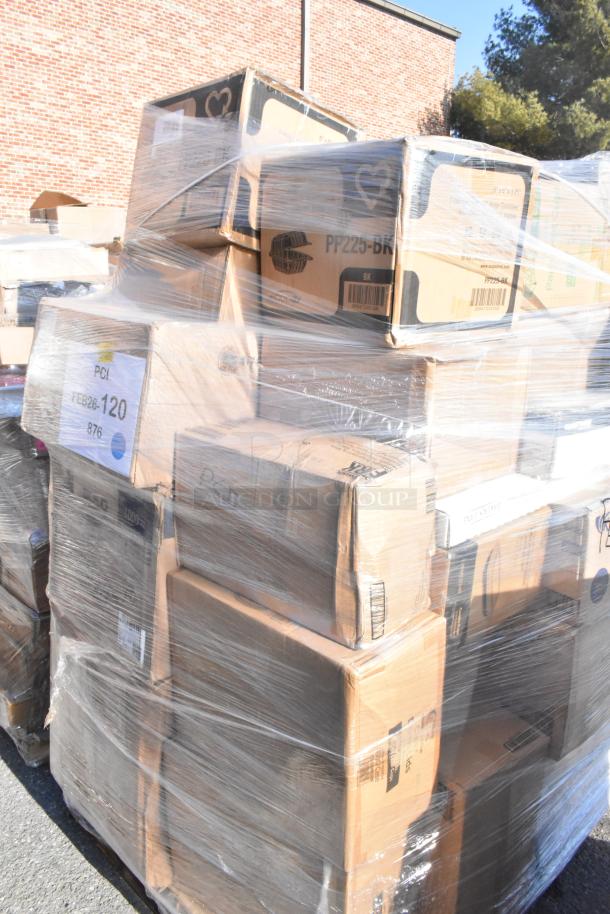 Pallet of 37 scratch and dent items, including deli containers and trash bags, wrapped in plastic, labeled FEB26-120.