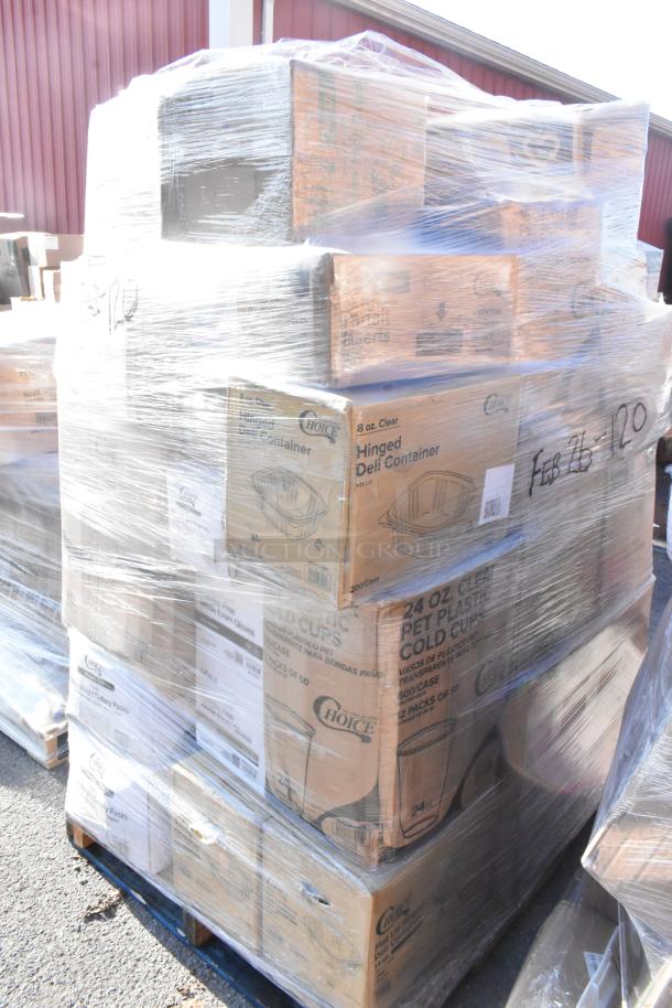 Pallet of 37 new scratch and dent items, including deli containers, teaspoons, lids, and trash bags, wrapped in plastic.