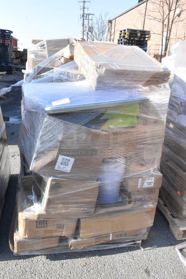 Pallet wrapped with assorted items including bussing cart, containers, carpet, and binders. Labels suggest scratch and dent condition.