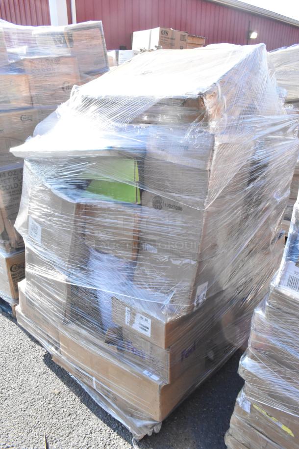 Pallet of 42 scratch and dent items, shrink-wrapped. Includes cart, containers, carpet, binder. Visible FedEx labels.