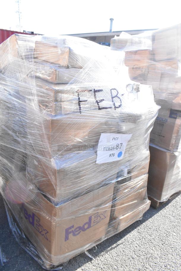Plastic-wrapped pallet containing 42 brand new scratch and dent items, labeled "FEB26-87," including a FedEx box.