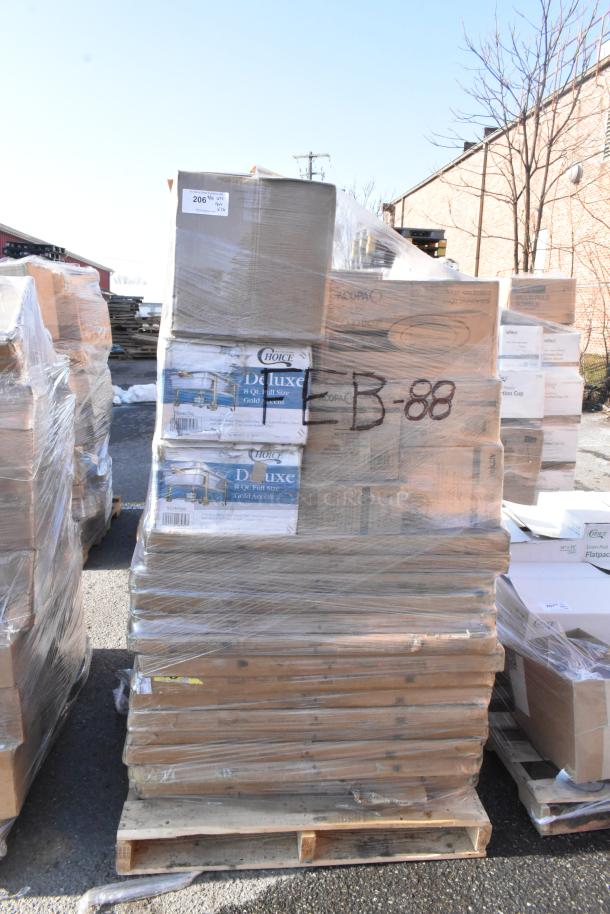 Pallet of 20 brand new, scratch-and-dent items including plates, bowls, and chafers. Visible "Choice Deluxe" marking. FEB26-88.