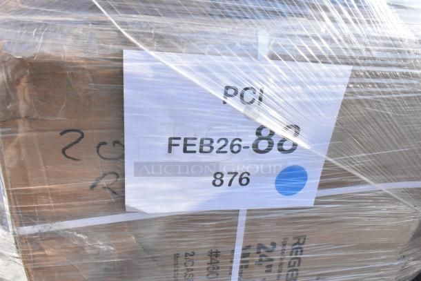 Stacked boxes wrapped in plastic, labeled "PCI FEB26-88, 876" containing 20 new scratch and dent items like plates and bowls.