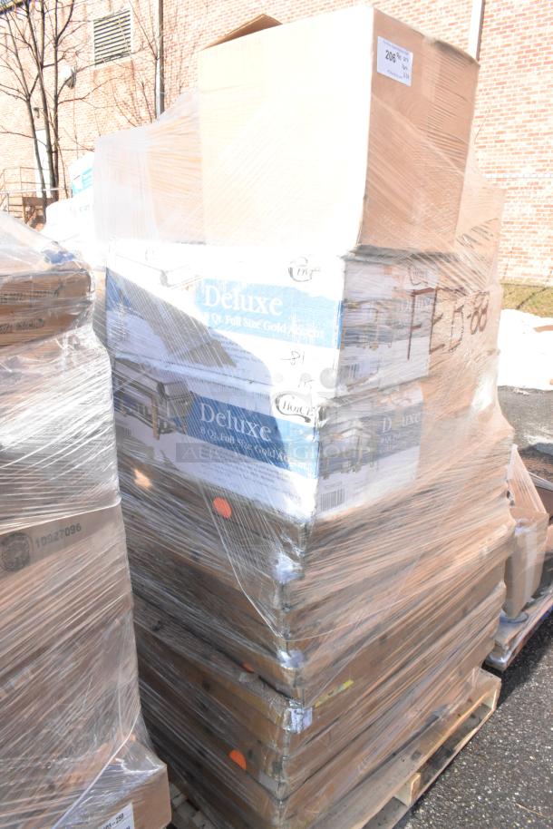 Pallet with 20 new scratch and dent items, including plates, bowls, and chafers, wrapped in plastic with visible markings.