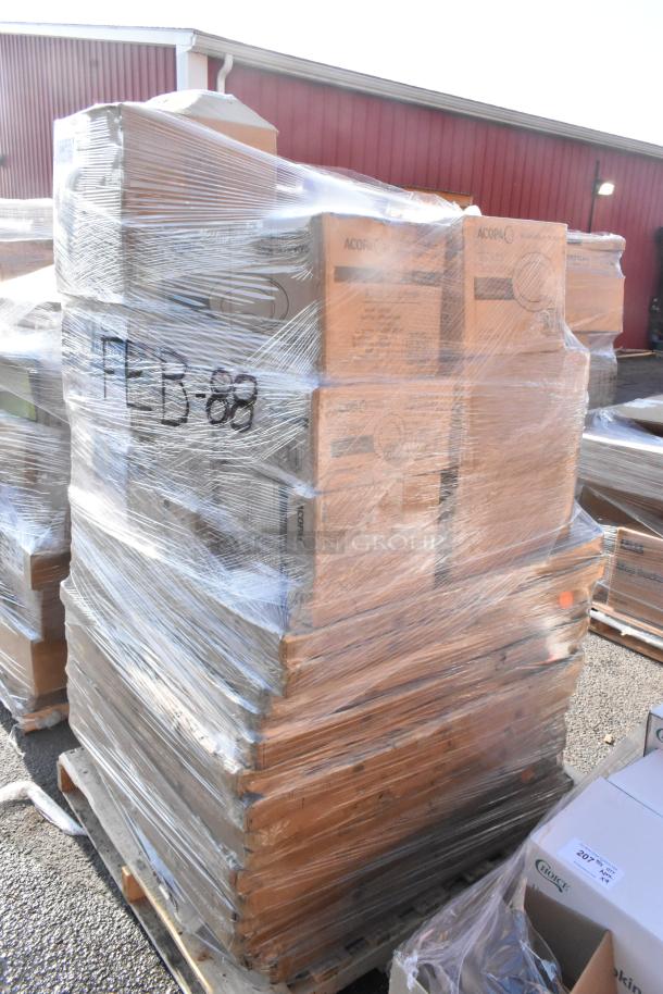 Pallet of 20 packaged scratch and dent items, including plates, bowls, chafers; labeled FEB26-88; wrapped in plastic.