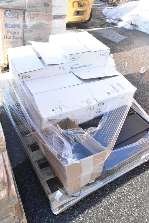 Pallet with Choice branded napkins and various beverage items. Some boxes open, all items appear new but noted as scratch and dent.