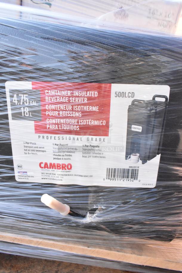 Cambro 500LCD Camtainer insulated beverage server, 4.75 gal capacity, new condition, wrapped in plastic, labels visible.