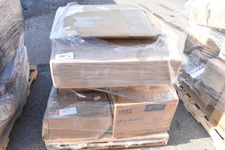 Boxes wrapped in plastic on pallets, containing 5 brand new scratch and dent items, including a Lavex mop bucket. Labels show quantity and item details.