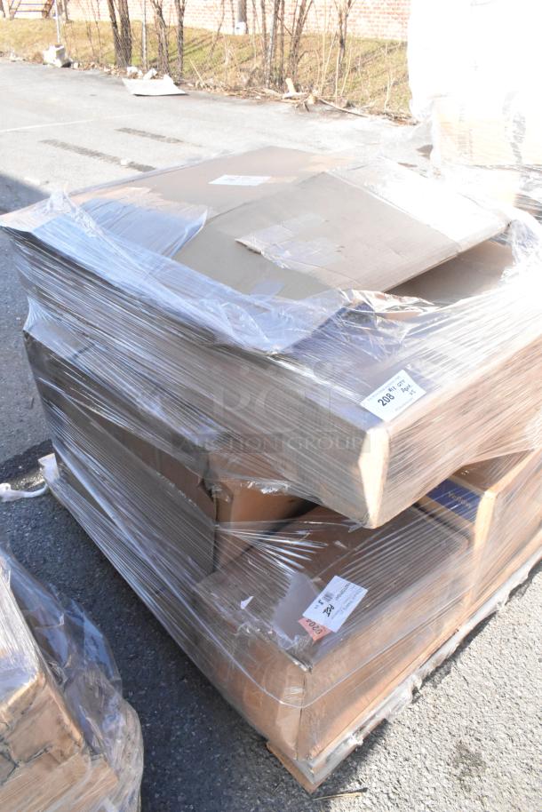 Sealed pallet with 5 new scratch and dent items, including a mop bucket. Labels indicate packaging details.