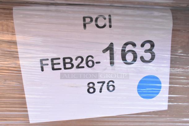 Five brand new scratch and dent items, including mop bucket, wrapped with PCI label "FEB26-163" and blue sticker.