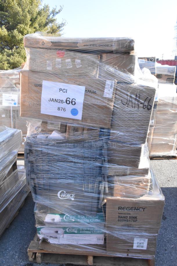 Pallet with 40 new scratch and dent items, including sheet pans, drying basket, chafer, and grate. Label marked JAN26-66.