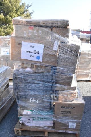Pallet with 40 new scratch and dent items, including sheet pans, drying basket, chafer, and grate. Label marked JAN26-66.