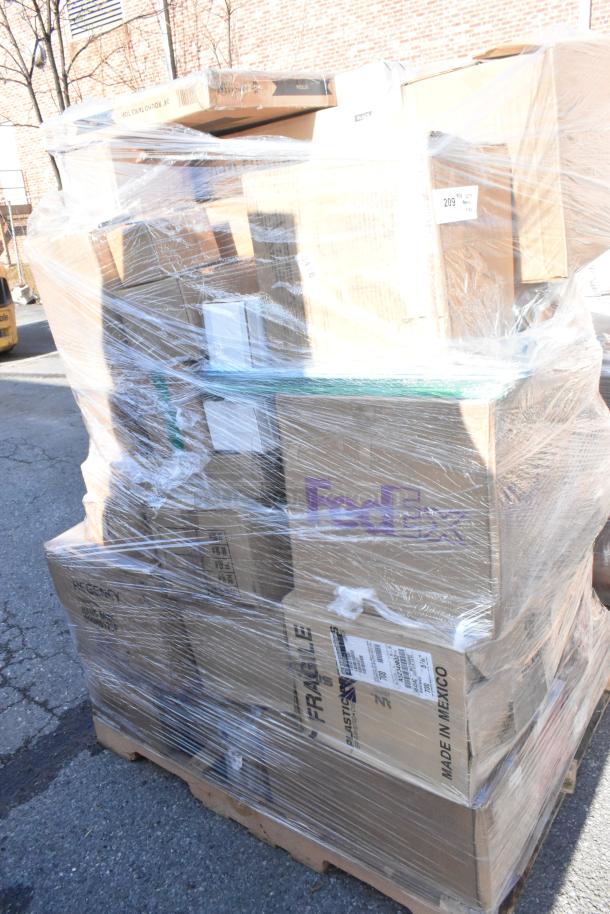 Pallet with 40 brand new scratch and dent items including sheet pans and chafer, wrapped in plastic. Boxes show shipping labels.