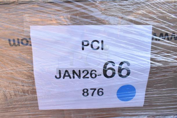 Pallet wrapped in plastic with label "PCI JAN26-66 876". Contains 40 new scratch and dent items like sheet pans and chafers.