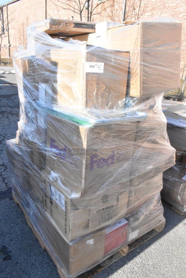 Pallet with 40 new scratch and dent items, including sheet pans, drying basket, chafer, and grate, wrapped in plastic.