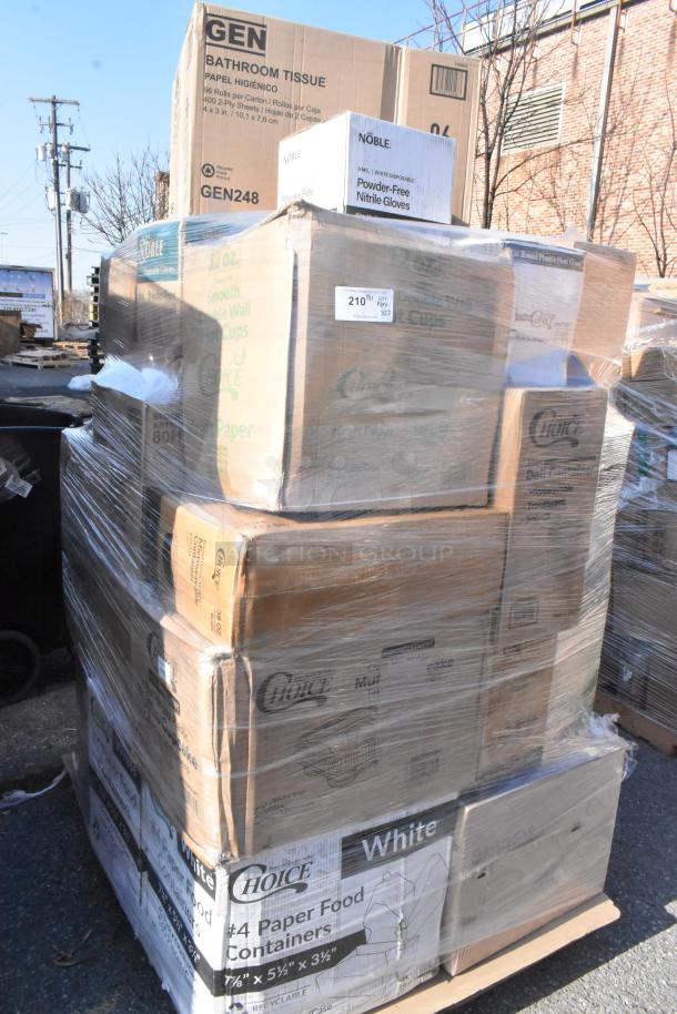 Stacked boxes marked "GEN" and "Choice" containing 35 new scratch and dent items, including tissue and paper containers.