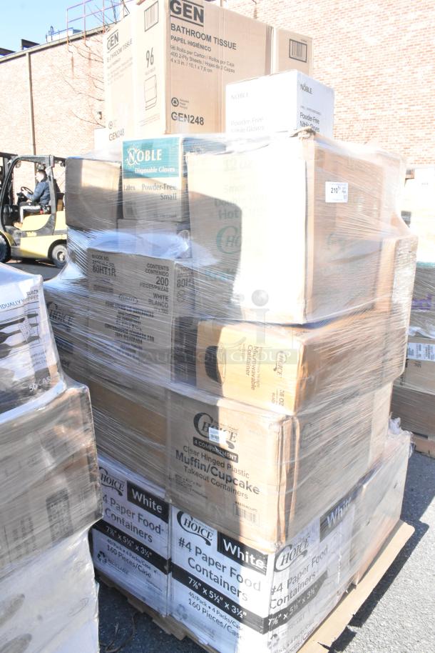 Pallet of 35 new scratch and dent items, including Noble gloves and Choice paper food containers, sealed in plastic wrap.