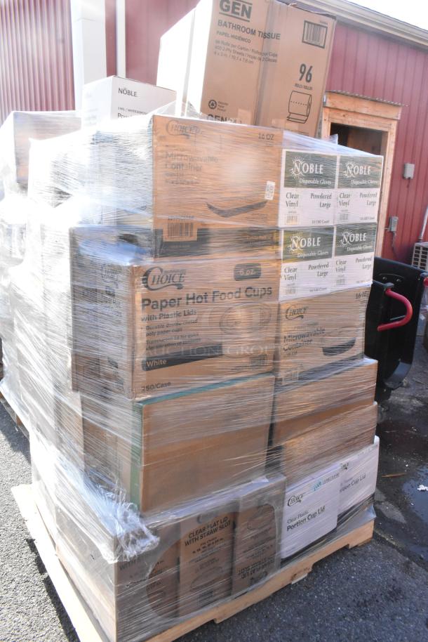 Pallet of 35 new scratch and dent items, including disposable gloves and food containers. Various brands, wrapped in plastic.