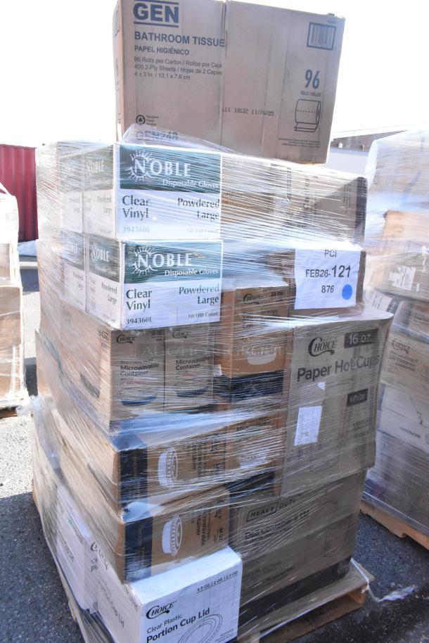 Pallet of 35 mixed items including Noble gloves, Choice containers, and GEN bathroom tissue. Scratch and dent condition.