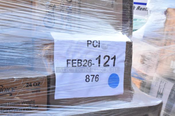 35 new sealed items including gloves and containers, labeled "FEB26-121." Possible scratch and dent condition.